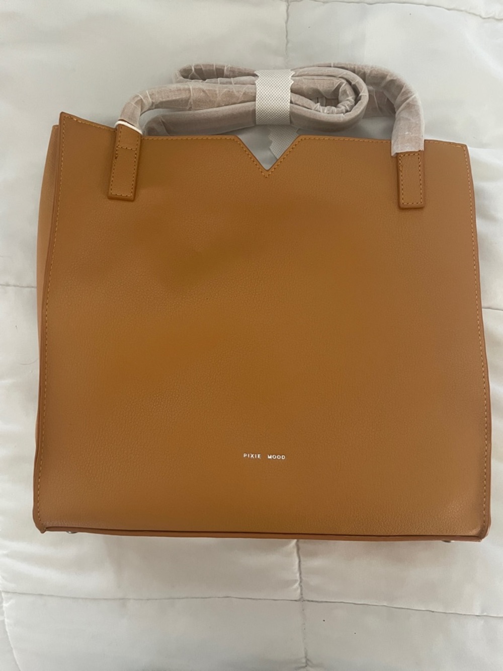 Set - Pixie Mood Alicia Caramel Tan Tote with V-Notch Detail and Matching Pouch